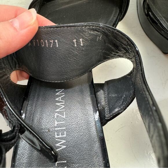 Stuart Weitzman Black Patent Leather Platform Sandal Heels Size 11 - Picture 8 of 10